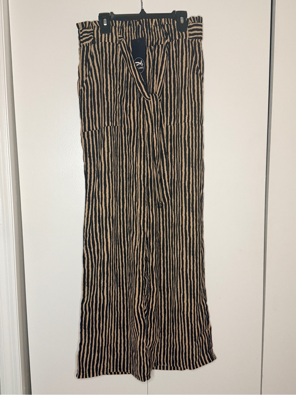 Straight Leg Striped Paperbag Waist Pants - Black & Tan